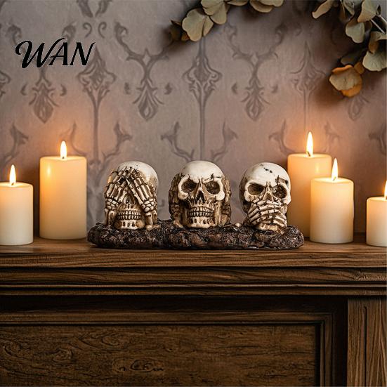 Skeleton Statue See Hear Speak No Evil Skull Figurine, Spooky Halloween Resin Decor for Mantel, Table, Gothic Home Decoration