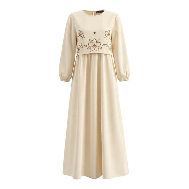 ZANZEA Women Casual Round Neck Long Sleeve Floral Embroidery Loose Long Dress