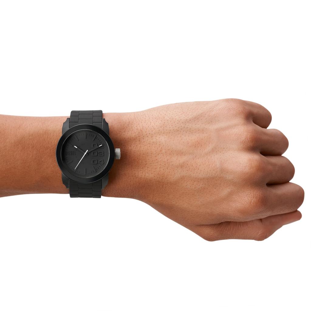 Diesel DZ1437 Men's Analog Quartz Wristwatch, 44mm Stainless Steel Case, Black Dial, Silicone Band, Water Resistant