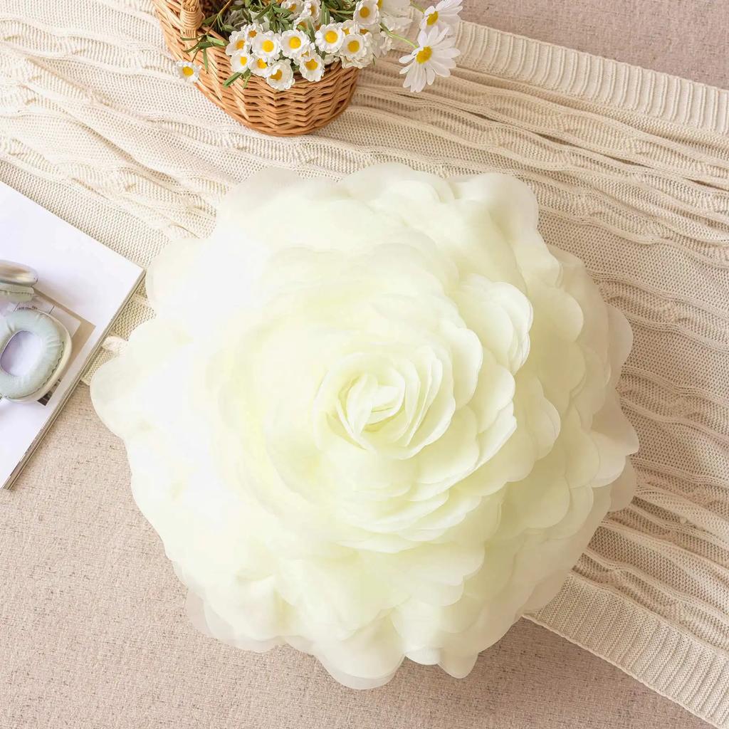 Flower Cushion Cover 55cm Stereoscopicl Organza Flower Pillowcase Round Luxury Cushion Princess Style Sofa Home Decoration