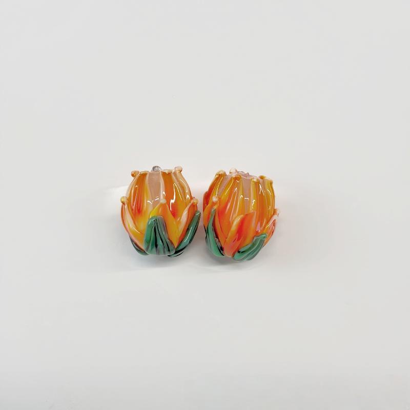2Pcs Hand Painted Lampwork Glass Flower Bud Beads Vintage Tulip Loose Beads For Diy Bracelet Necklace Phone Chain Jewelry Making