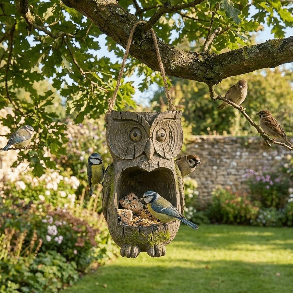 Resin Owl Bird Feeder Realistic Weather Resistant Tree Face Bird Feeder Handicraft Waterproof Sparrow Feeding Station