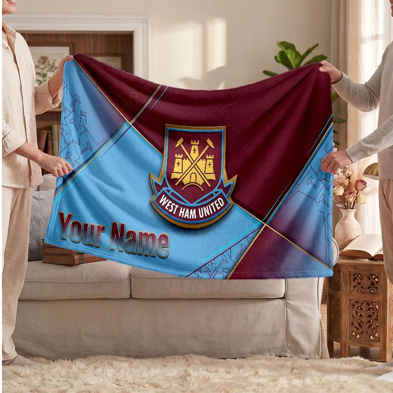 West Ham United football Personalized Fleece Blanket With Football Logo, Custom Name Text Soft Warm Home Throw Blanket