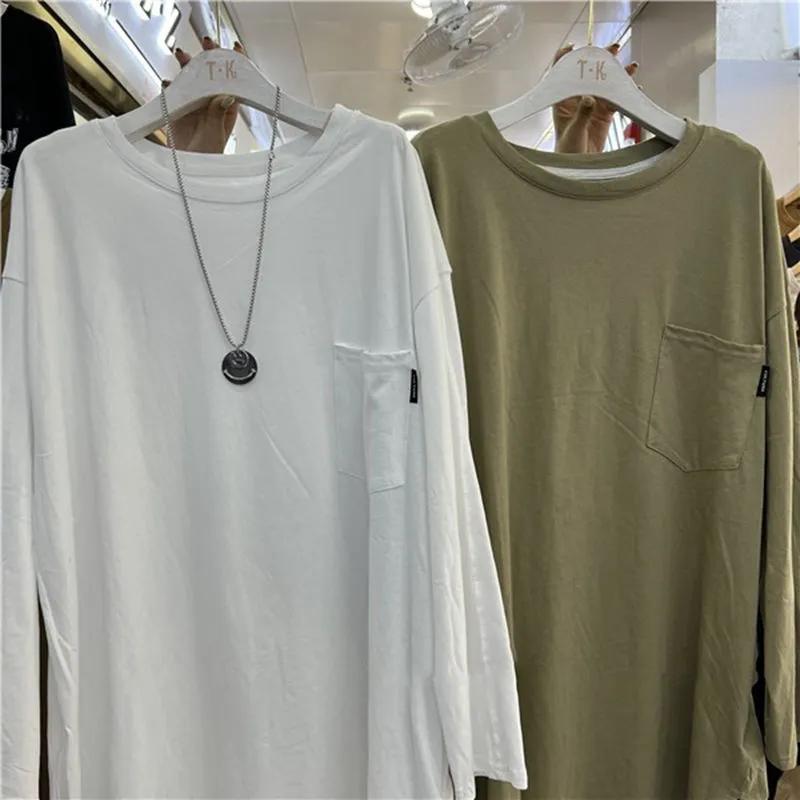 Einfaches Langarm-T-Shirt für Damen Koreanischer Stil Locker Einfarbige Mittellange Oberteil Unterhemd