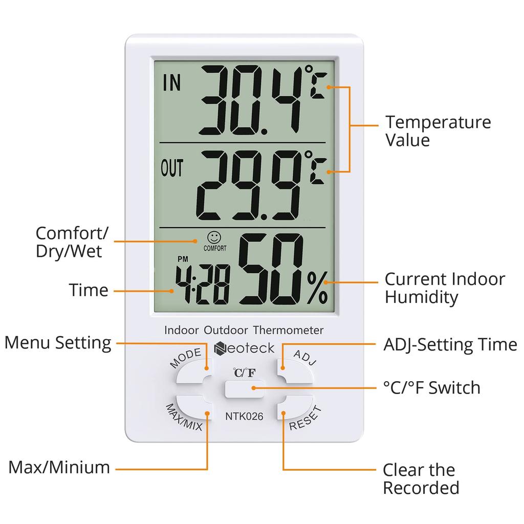 Neoteck With LCD Digital Temperature and Humidity for Home Heatstroke Warranty Thermo-Hygrometer ±1°C Accuracy, Sensor, Indoor/Outdoor Measurements,