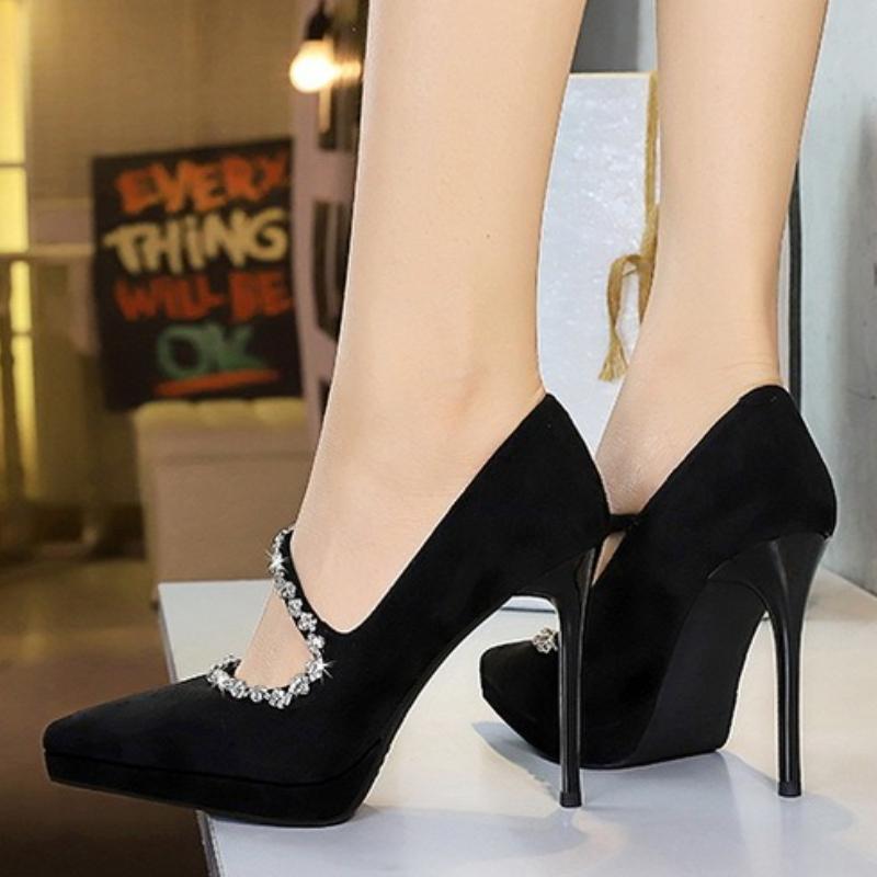 Fashion High Heels 10.5cm Women's Pumps Stiletto Suede Pointed Toe Waterproof Platform Ladies Banquet Rhinestone Decoration Single Shoes