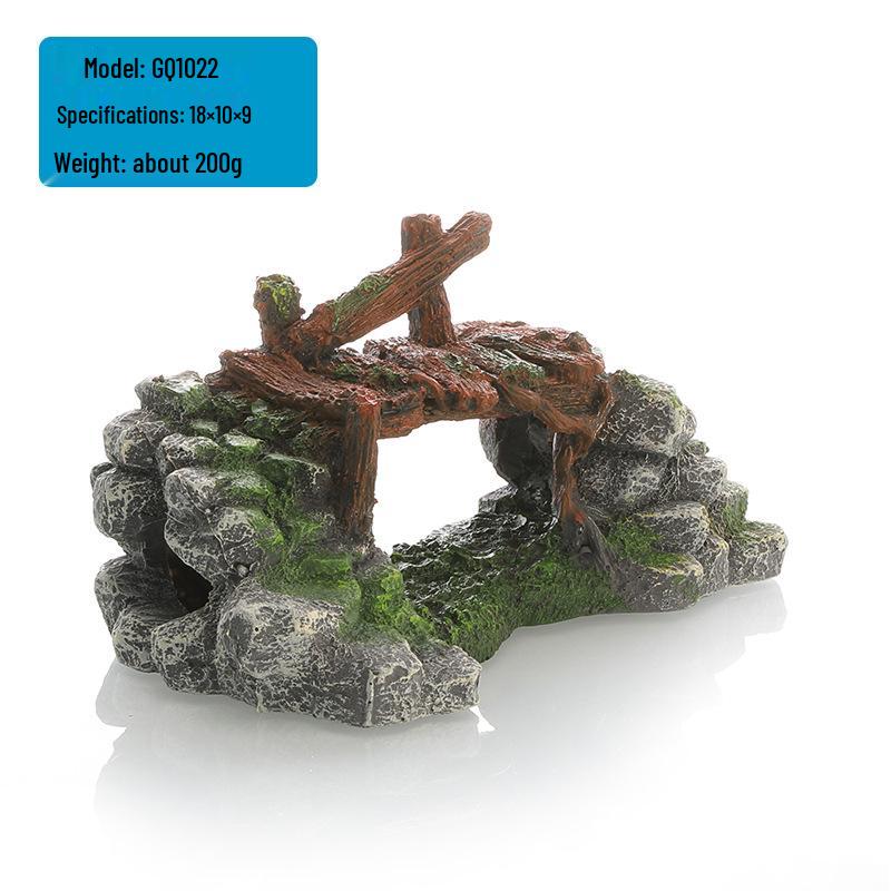Fish Tank Decor: Artificial Mountain & Wooden Suspension Bridge Set