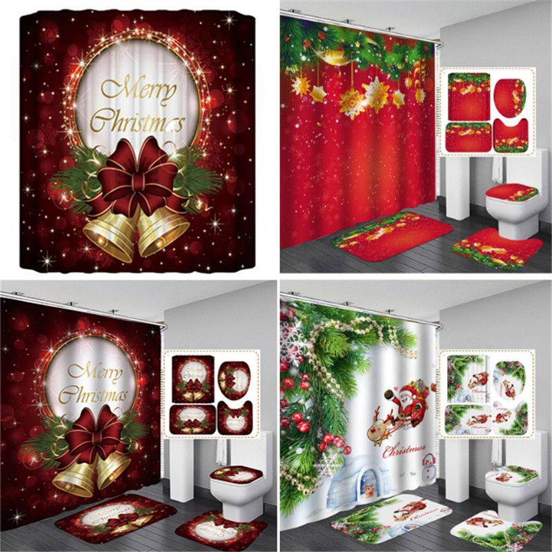 Festive Christmas Shower Curtain And Bathroom Mat Set With Waterproof Material