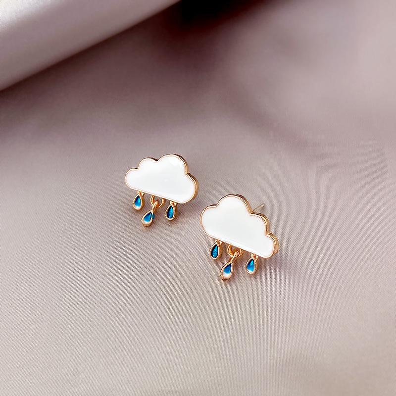 Korean Style White Cloud Water Drop Stud Earrings for Women Crystal Stars Bow Asymmetry Earring Wedding Party Jewelry Gifts