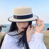 Summer vacation hat women's strap alphabet straw hat seaside sunshade sunscreen hat versatile flat top hat