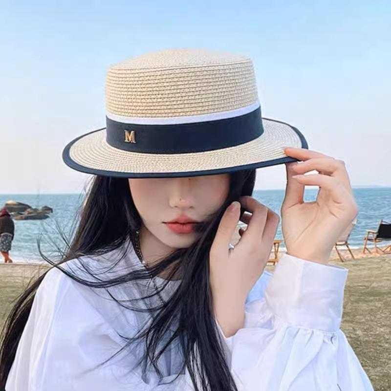 Summer Vacation Hat Women's Strap Alphabet Straw Hat Seaside Sunshade Sunscreen Hat Versatile Flat Top Hat