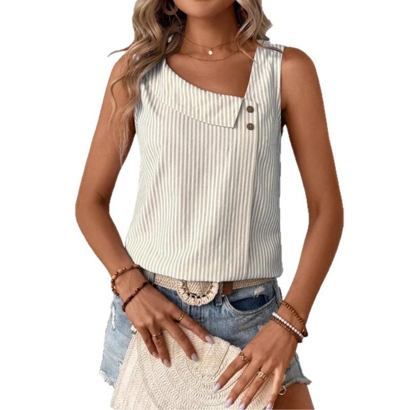 Ärmellose Gestreifte Schräger Halsausschnitt Damenbluse Neues Damen Casual Lockeres Oberteil Einfach Elegant Mode Süßes Büro-T-Shirt Streetwear Knöpfe Kleidung