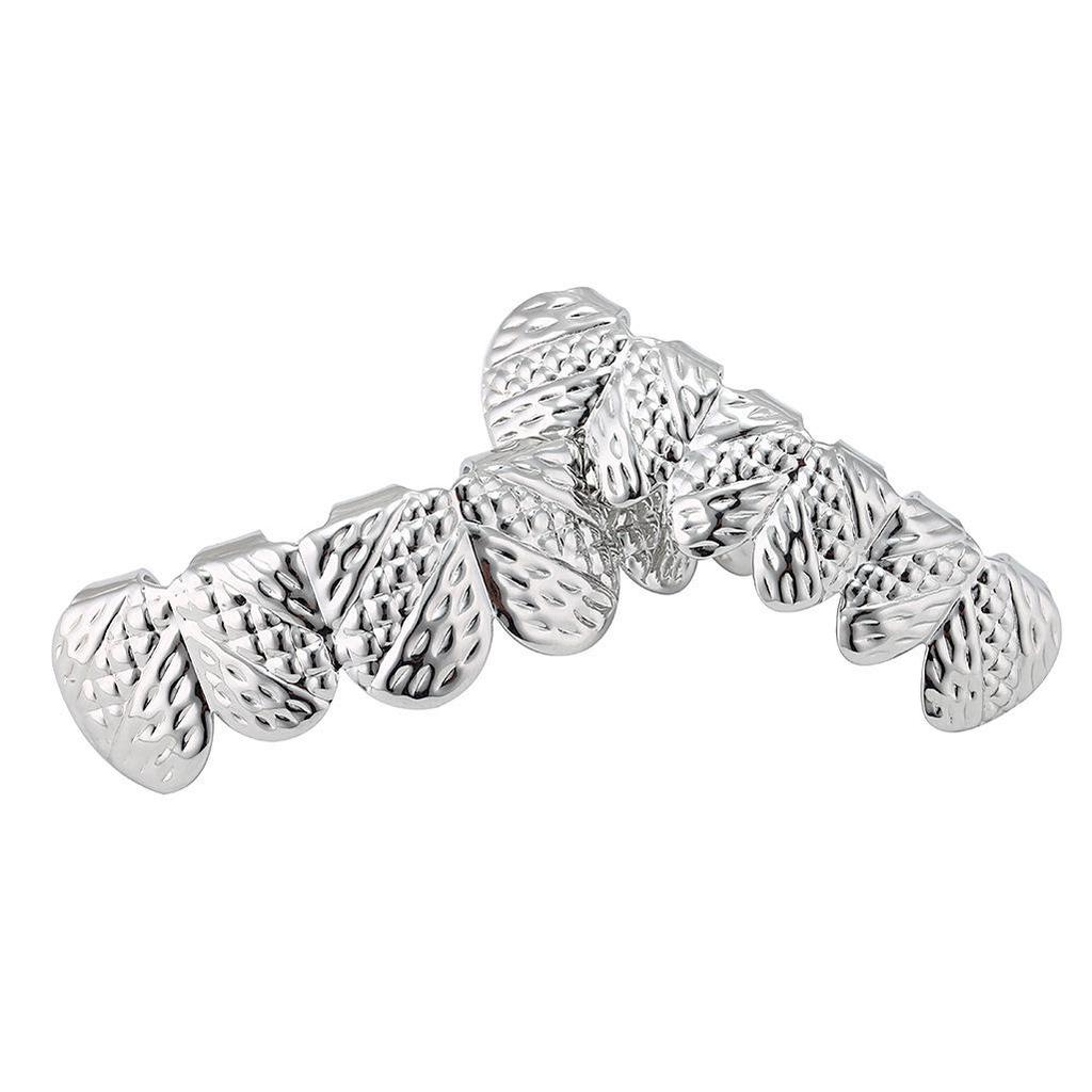 Carved Plaid Pattern Metal Hip Hop Upper and Lower Teeth Set