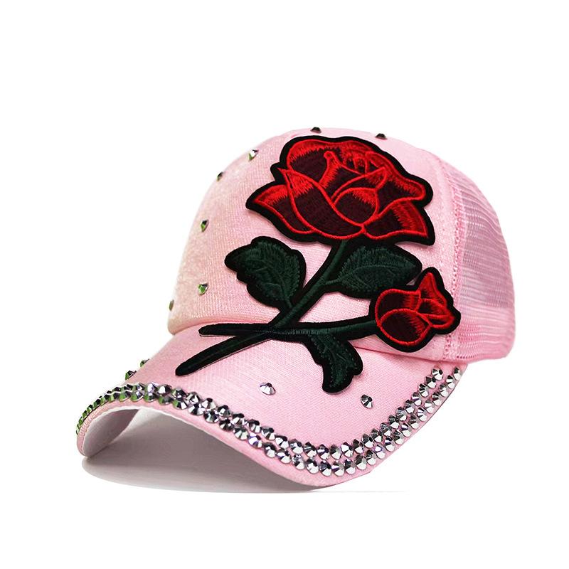 Embroidered rose baseball cap with mesh and diamond inlay, summer women's versatile casual sun protection hat