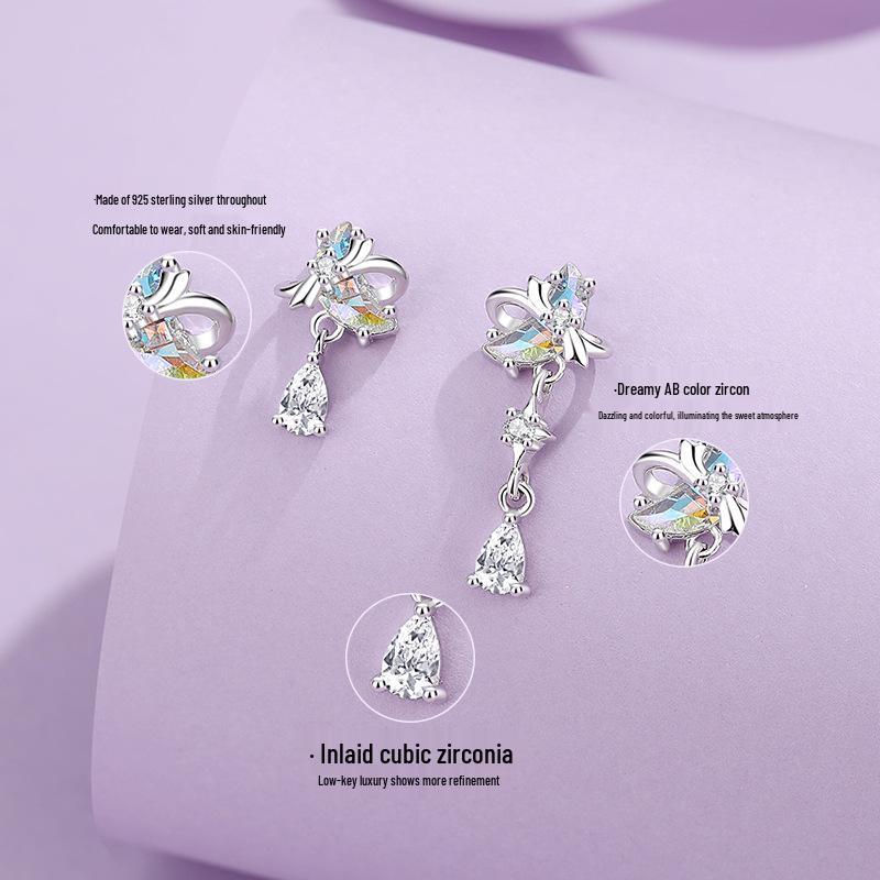 Moonlight Lover Asymmetric Stud Earrings: S925 Sterling Silver with Color Cubic Zirconia and Moon Bow Design for Women. S925 Silver