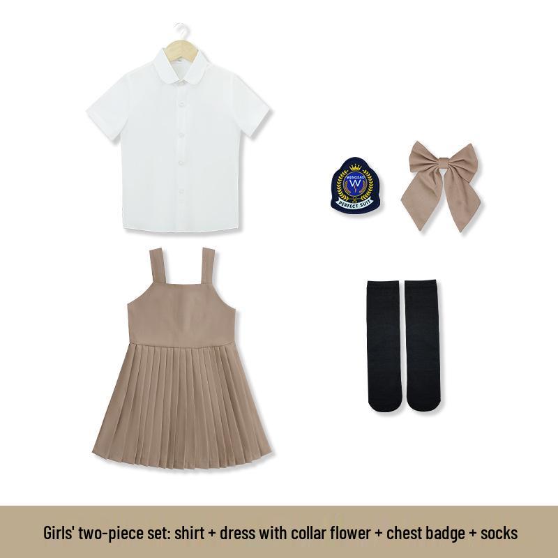 British Style Summer Short Sleeve Kindergarten Uniform Set for Boys and Girls