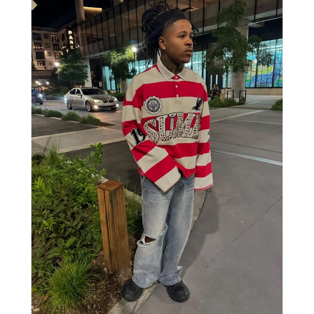 RogueWave Hip Hop Embroidery Stripe Polo Shirt Y2k Retro Fashion Classic Lapel Neck Shirt Long Sleeved T Shirt