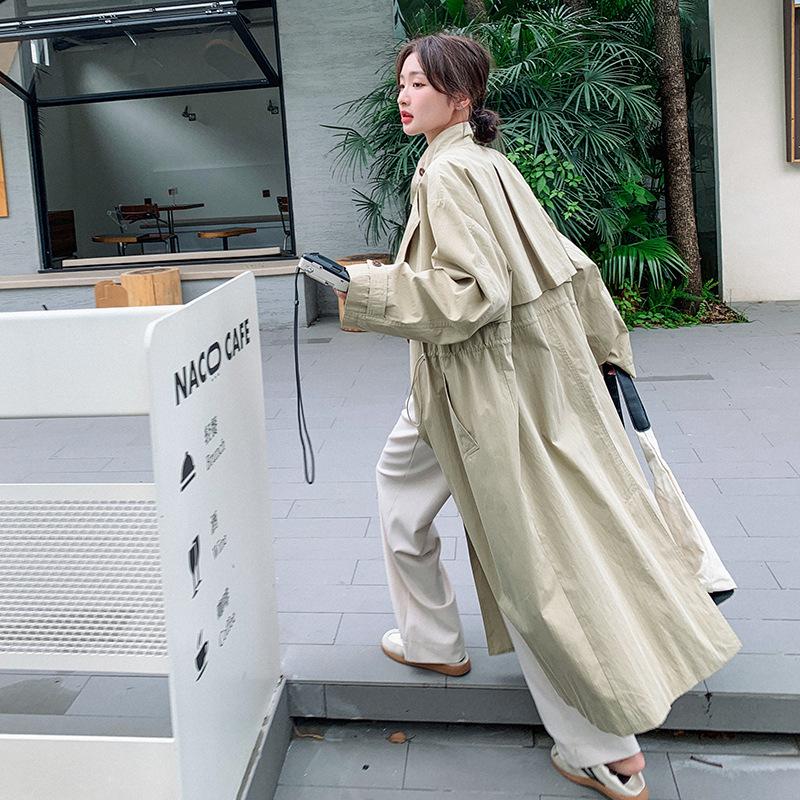 Spring Apricot Trench Coat Long Coat for Women Loose Large Size Design Drawstring Waist Trench Coat