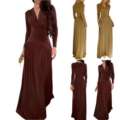 Women's Elegant Fitted,Waist Long,Sleeve Velvet Dress ,