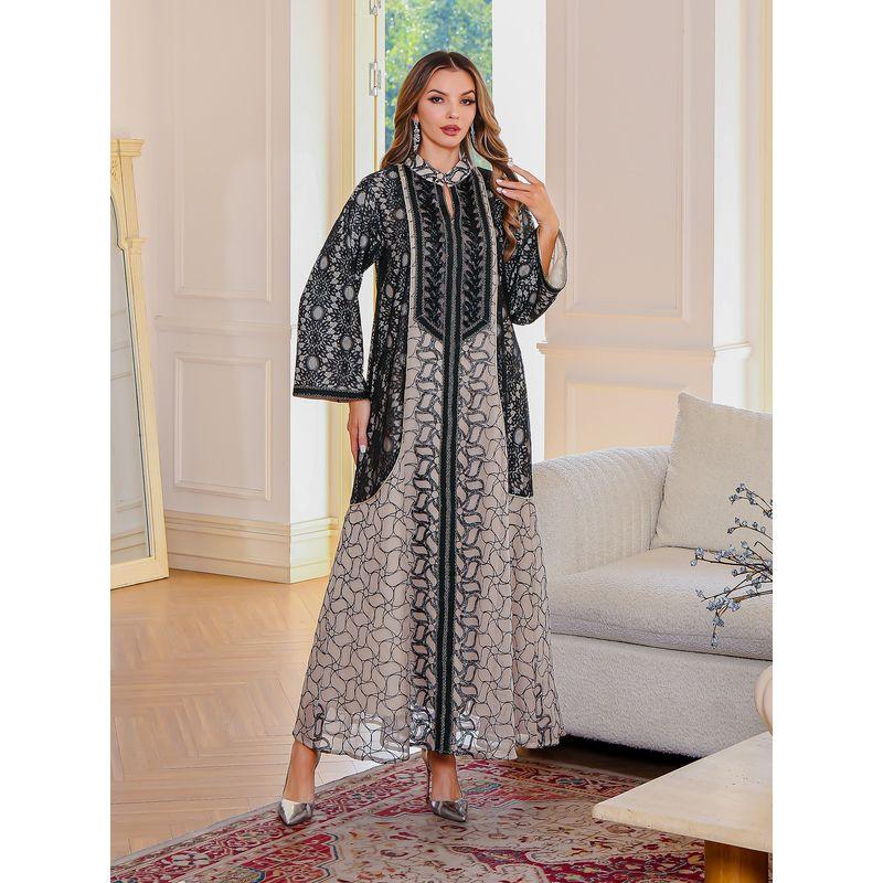 

2025 New Heavy Industry Mesh Embroidery Robe Middle East Clothing Xinjiang Oman Festival Dubai Women clothes Dress Black 2XL