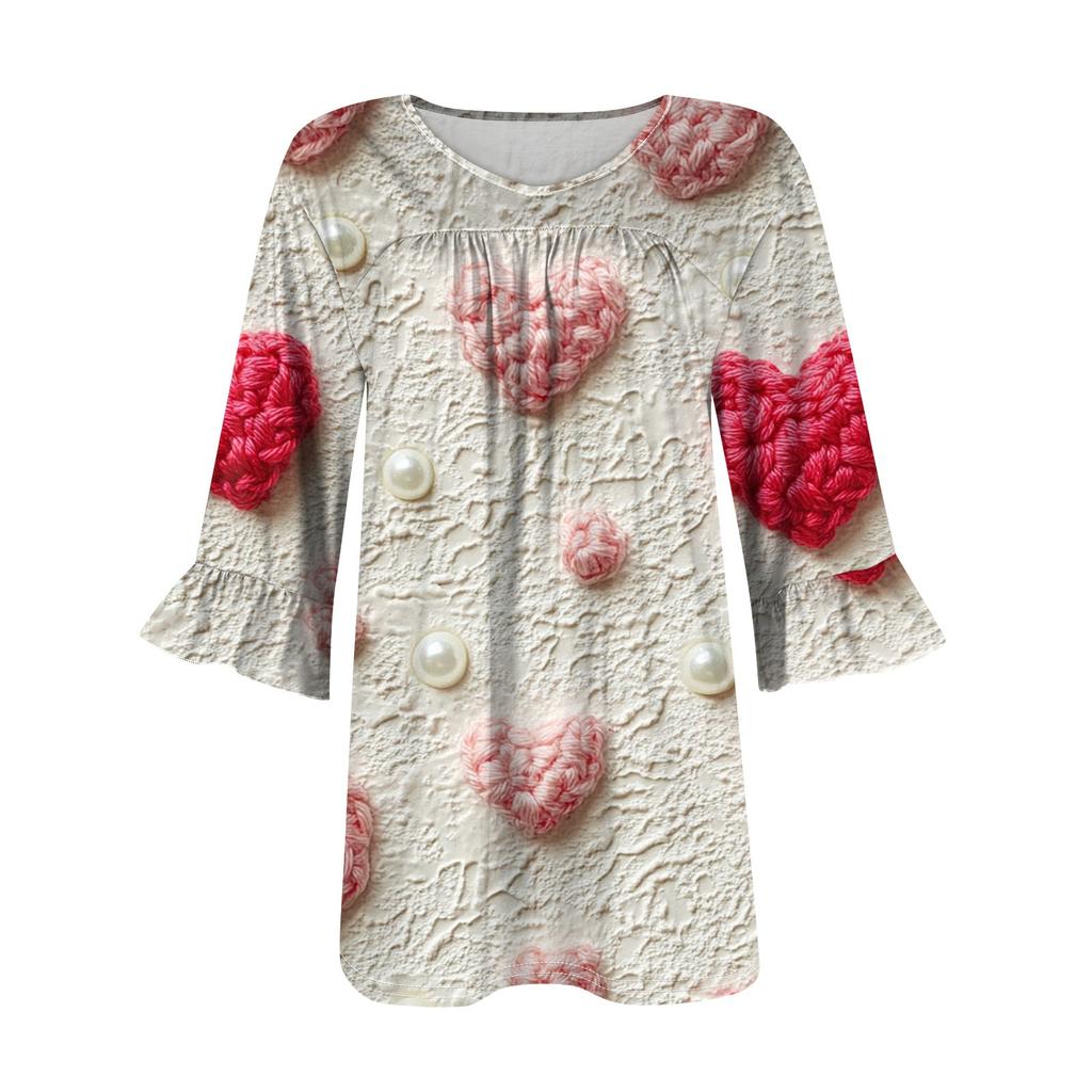 Modă Femei Casual Imprimat Decolteu în V Mânecă Șapte Minute Mânecă cu Volane Tricou Mărimi Mari Topuri