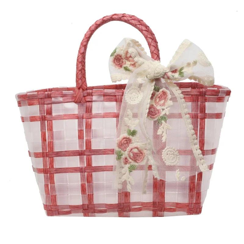 

Большая вместительная сумка для пикника для женщин, двухцветная тканевая сумка с вышитым бантом, повседневная сумка из ПВХ, женские сумки