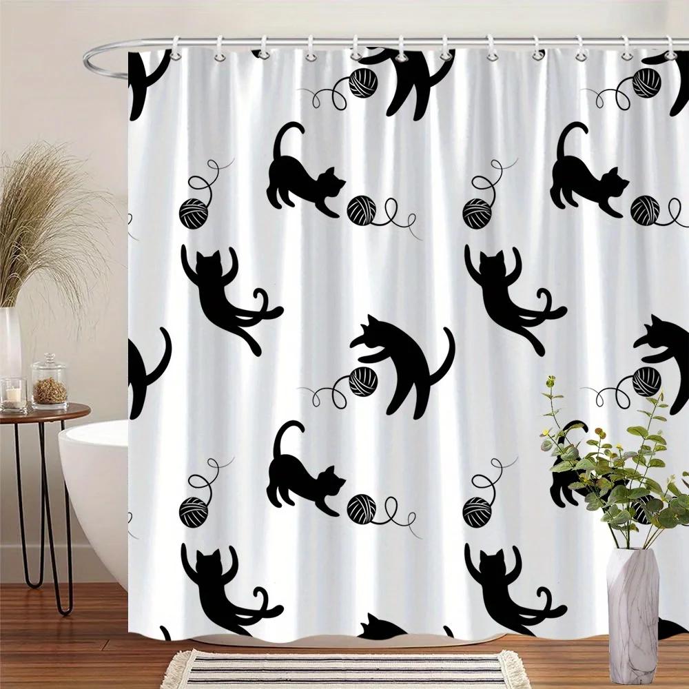 

Playful Cats & Yarn Balls Shower Curtain,Whimsical Black Cat Silhouettes,Twisted Yarn On White Background,Vibrant Bathroom Decor W60H190(CM)-1 Pcs