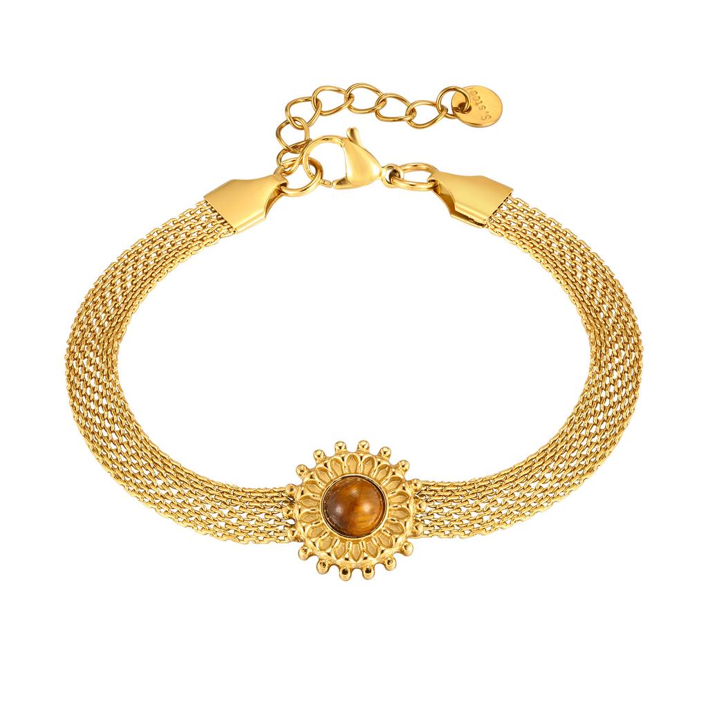 Natural Tiger'S Eye Stone Jewelry Premium Wind Mesh Strap Chain Stainless Steel Plated 18K Gold Bracelet Women