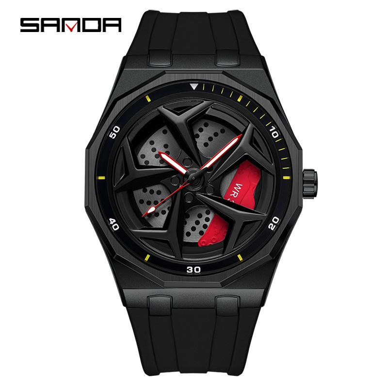 SANDA Men's Waterproof Luminous Polygonal Quartz Watch with 3D Rotating Dial and Silicone Band