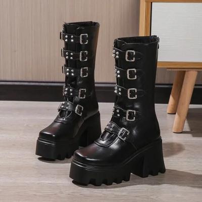 Dames Medium Laarzen Mode Nieuw Zijrits Dikke Hak Dikke Zool Hoge Hak Schoenen PU Riemgesp Comfortabele Casual Laarzen