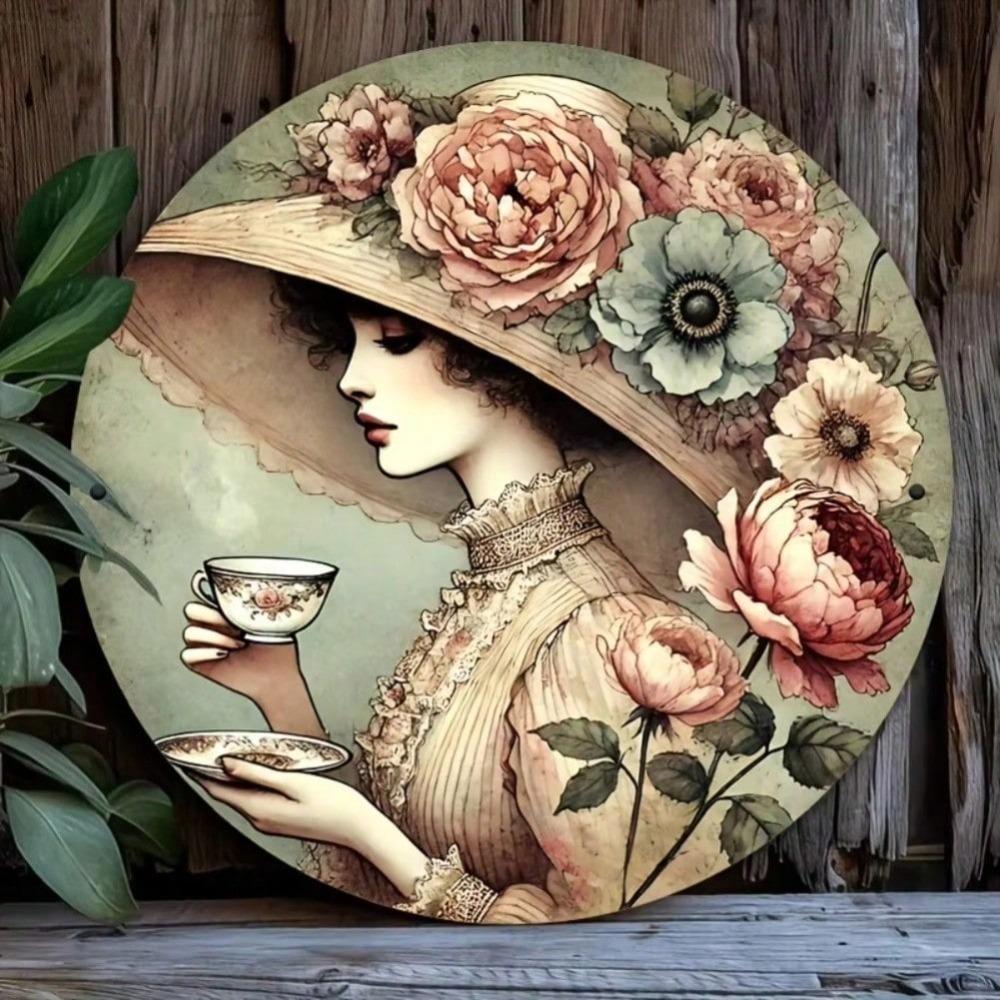 Victorian Floral Metal Lady Wall Art Plaque, Easy to Hang Rustic 2D Flat Decor for Living Room Bedroom Home Garden Outdoor