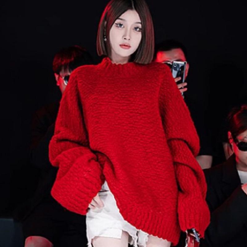 Autumn Long Sleeve Casual Loose Red Sweaters Women Winter Solid Warm Round Neck Knitted Sweater Ladies Elegant Vintage Soft Knitwear Jumpers 24944