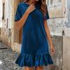 Women Velvet Short Sleeve Dress Ruffle Hem Crew Neck Loose Fit Soft Fabric Casual Style Comfortable Wear