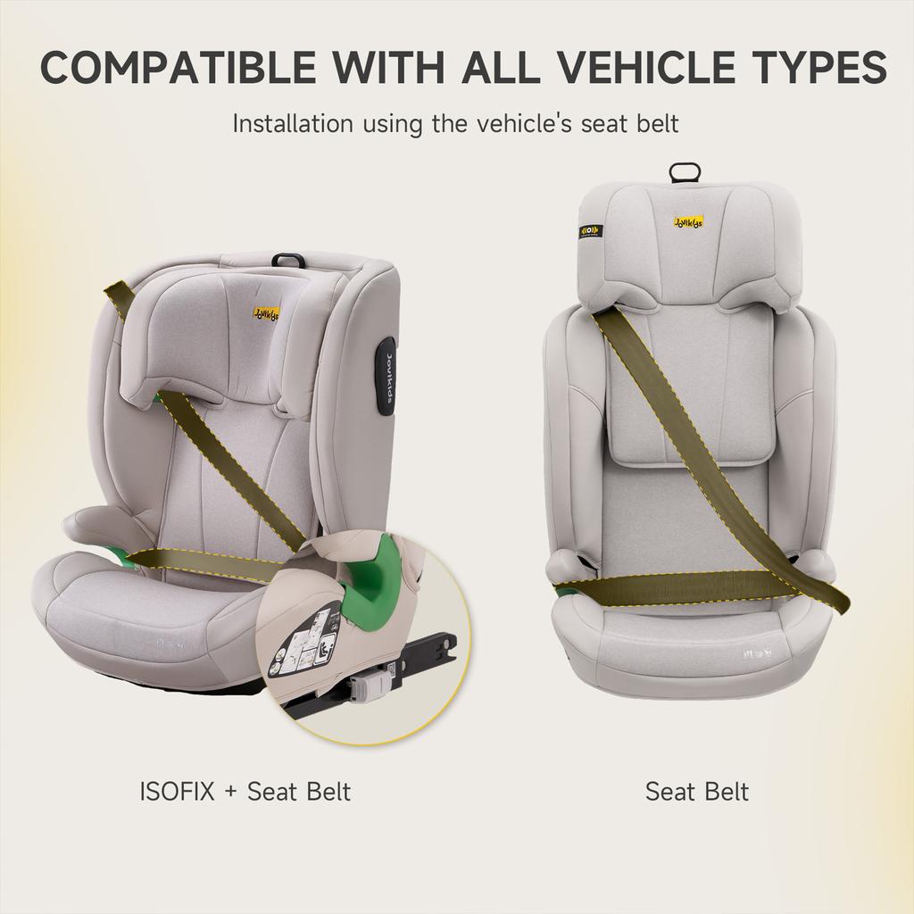 Leon Highback Booster Seat, ISOFIX, i-Size R129, 100-150cm, 3-12 Years, Seatbelt Clip (Beige)