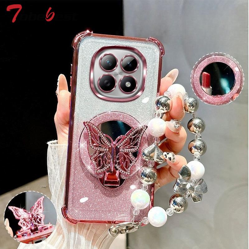 Glitter Shockproof Plating Butterfly Mirror Bracelet Case For Xiaomi Redmi Note 15 15C 14 14C 13 13C 12 11 Pro Plus 4G 5G Cover