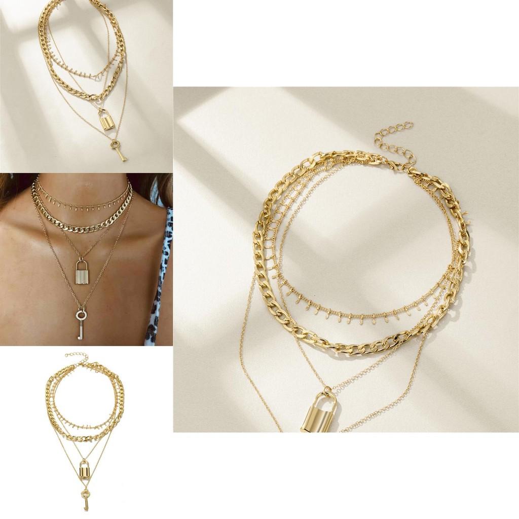 Stunning Multi-layer Gold Lock Chain Necklace For Women In Geometric Style Perfect For Gifts
