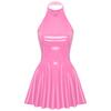 Womens Patent Leather Dress Halter Neck Sleeveless Swing Skirt Mini Length Club Party Dress
