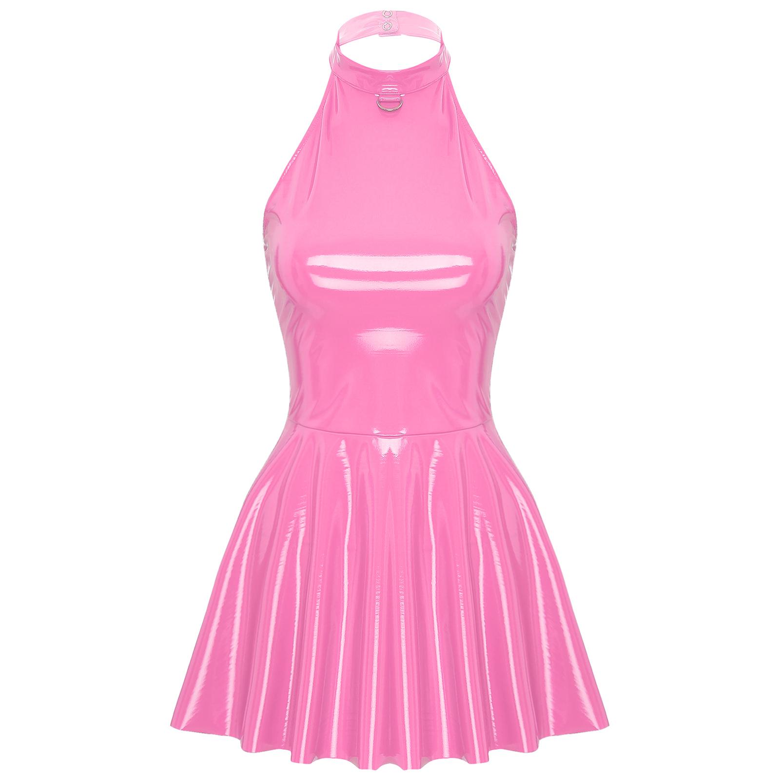 

Жіноча сукня з лакованої шкіри, халтер, без рукавів, спідниця-кльош, міні-довжини, для клубної вечірки S рожевий