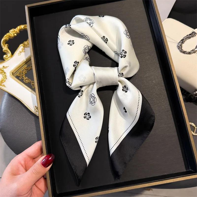 Luxury Brand 2025 Floral Print Square Silk Scarf for Women Hijab Hair Bands 70cm Neckerchief Female Satin Shawl Ribbon Headband