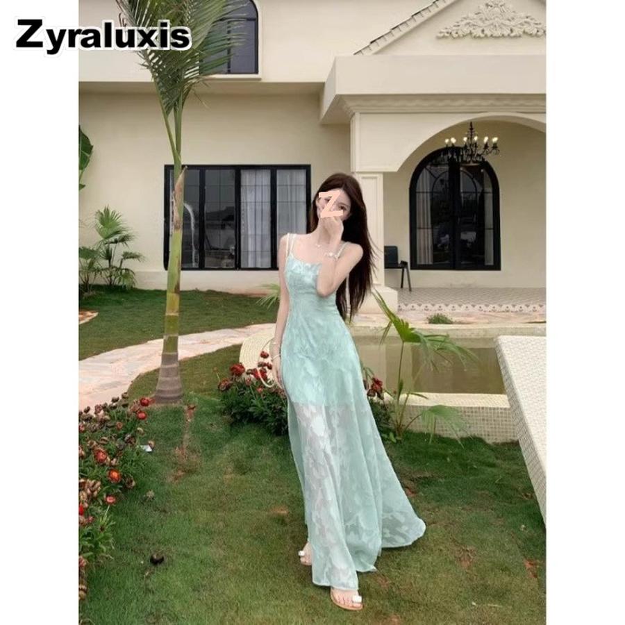 Summer New French Fresh Sweet Strappy Dress for Women Beach Vacation Outfit High Waist Midi Skirt