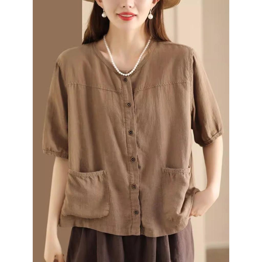 Vintage Artistic Cotton Linen Cardigan Summer Pocket Design Women's Casual Ethnic Style Short Sleeves Elegant