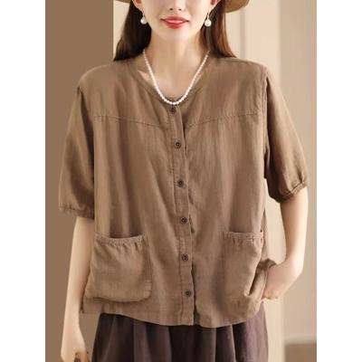Cotton Linen Short Sleeve Shirt Women's Summer Faion Casual Loose Single Button Ket Cotton Linen Open Cardigan Top