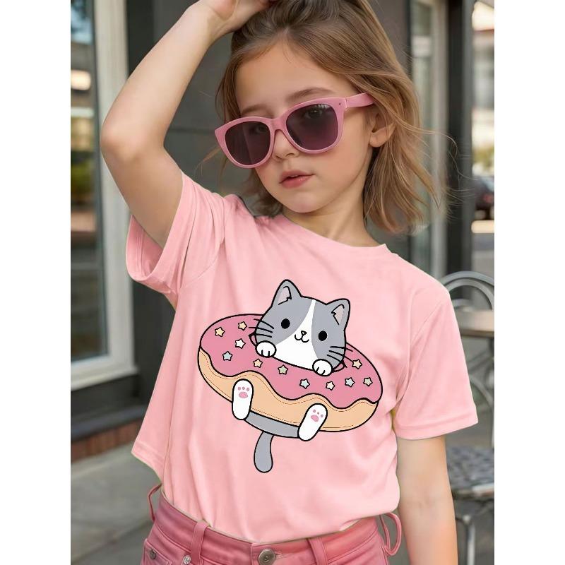Girls Crewneck Short Sleeve Tee, Cute Gray White Cat & Donut Cartoon Print Sweet Adorable Casual Kids Top