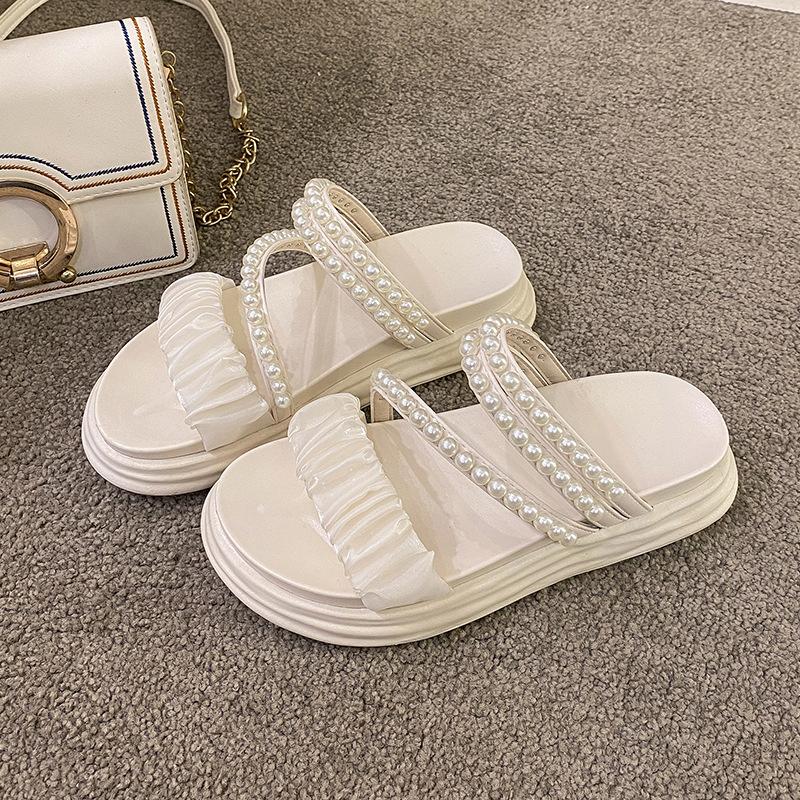 

Fairy wind pearl slippers female summer wear 2025 new muffin thick bottom non-slip versatile one-word drag ins tide 35