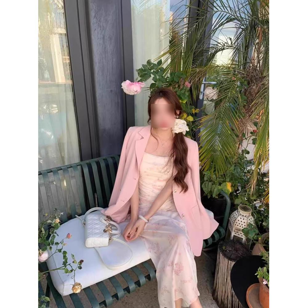 

French Romantic Pink Floral Spaghetti Strap Midi Dress with Mesh Waist and Slit S (Up to 45 kg)