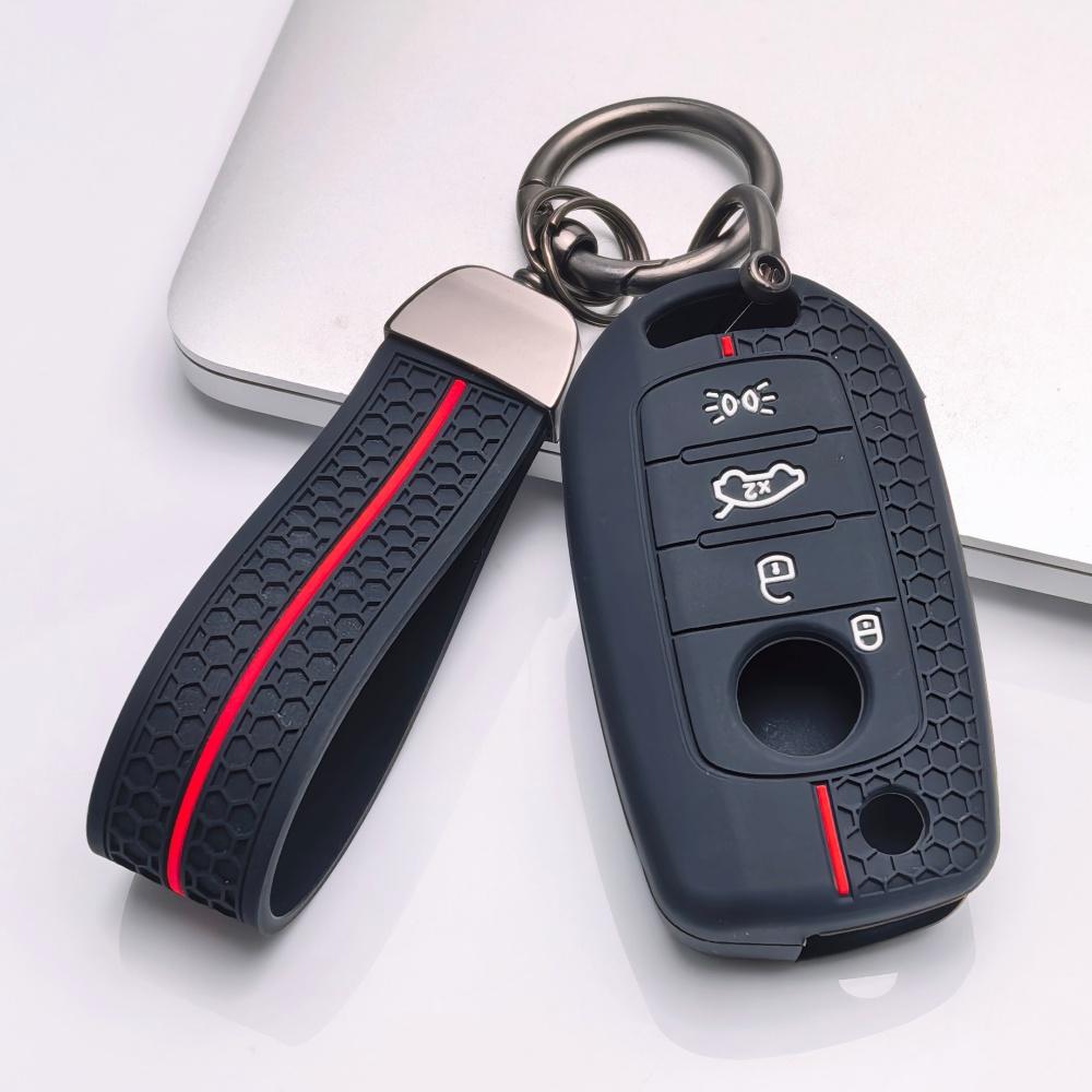 Silicone Key Fob Cover with Keychain for 4-button Flip Remote, Anti-Scratch & Anti-Drop Protective Case for Jeep Renegade Compass for Fiat 500X Toro