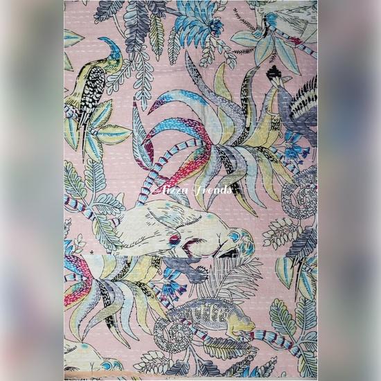 Aizza Trends Handmade Pure Cotton Monkey Print Kantha Quilt  - Traditional Look Bed Spread Kantha Gudri - Vintage Hand Stitch Gudri