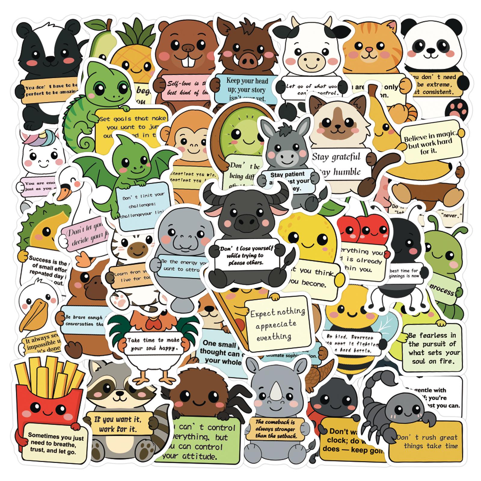 60 Cartoon Animal Motivational Text Stickers, Cute Graffiti for Notebooks & Skateboards, Waterproof