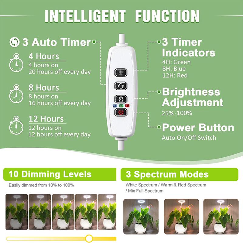 LED Angel Ring Grow Light: Retractable Full Spectrum Red/Blue for Succulents & Flowers - Includes Timer