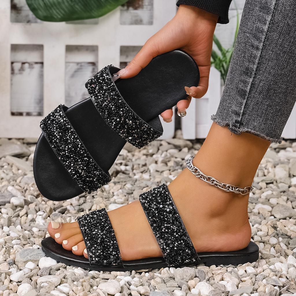 Fashion Summer New Women's Casual Flat-bottomed Beach Slippers Fashion Sequins Decorated Round Head Anti-slip Comfortable Drag.